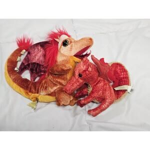 Vtg Set Retired Folkmanis Orange Fire Dragons Finger Puppet Fantasy Animal Gift